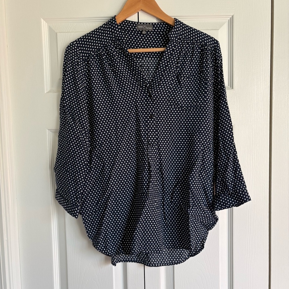 Market & Spruce Navy Polka Dot Blouse